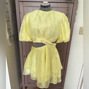 Bardot Light Yellow Cutout Puff-Sleeve Mini Dress